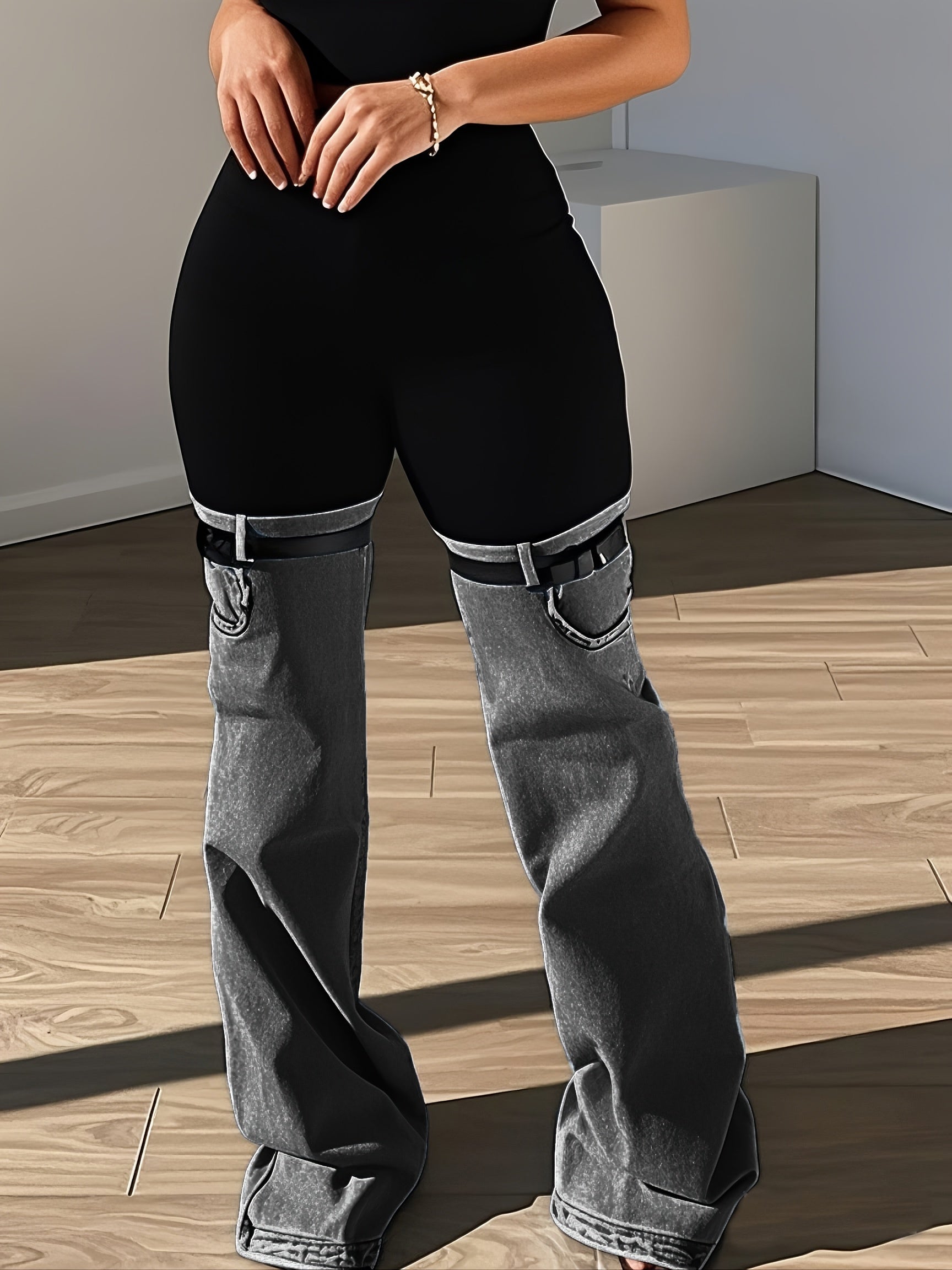 Women High Elastic Waist Two Tone Trendy Patchwork Jeans With Garter Belt Detail – Unique Streetwear Style